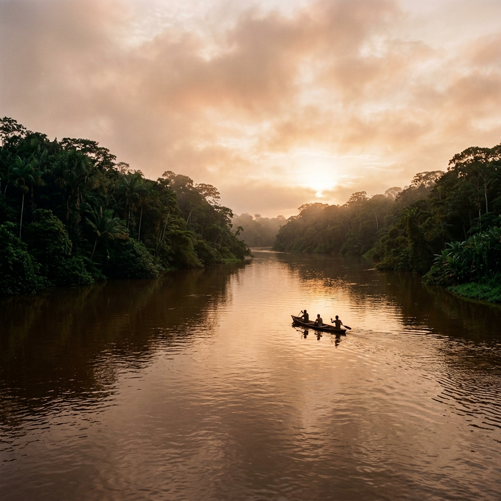 A canoe on the Amazon river at sunset