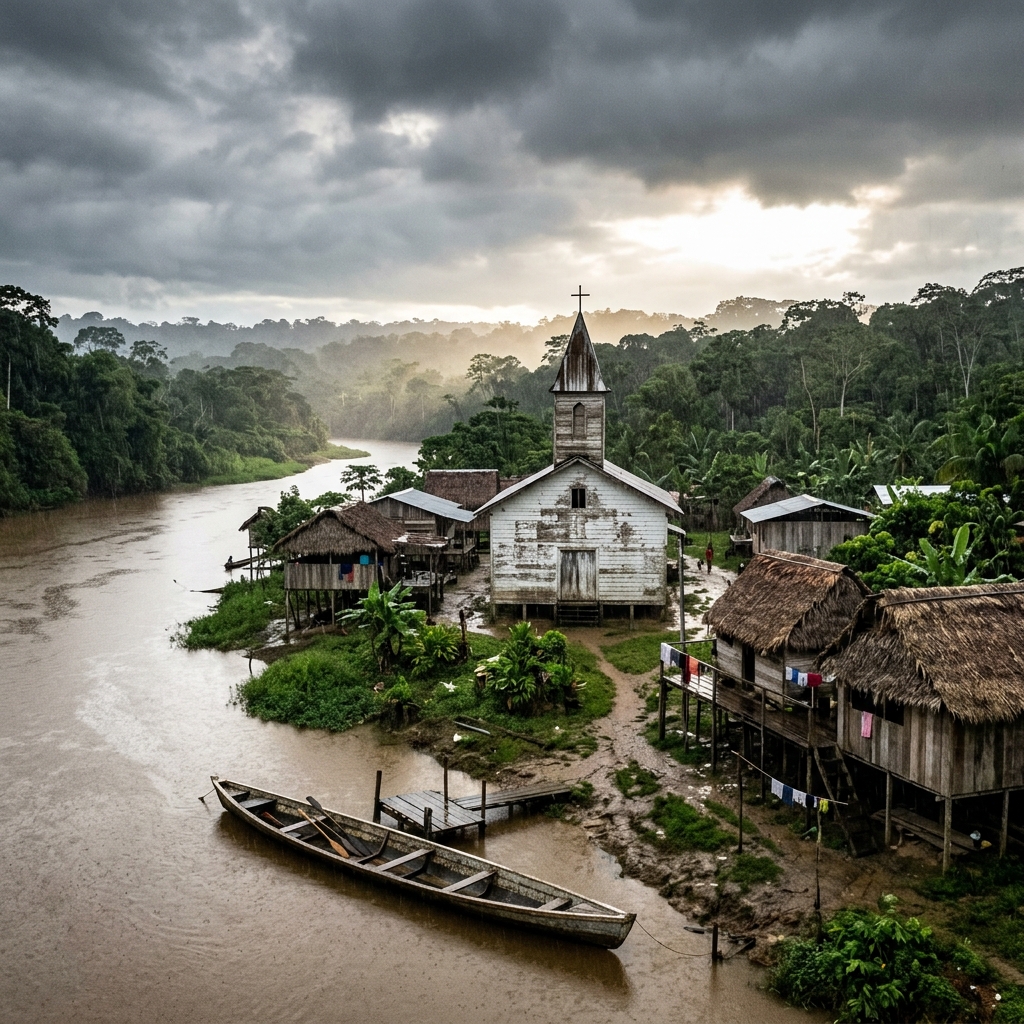 A white church and stilt houses on an Amazon riverbank in the rain