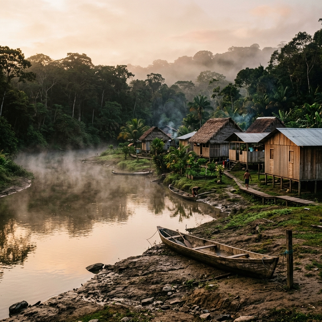 An Amazon community at dawn with a canoe on the riverbank