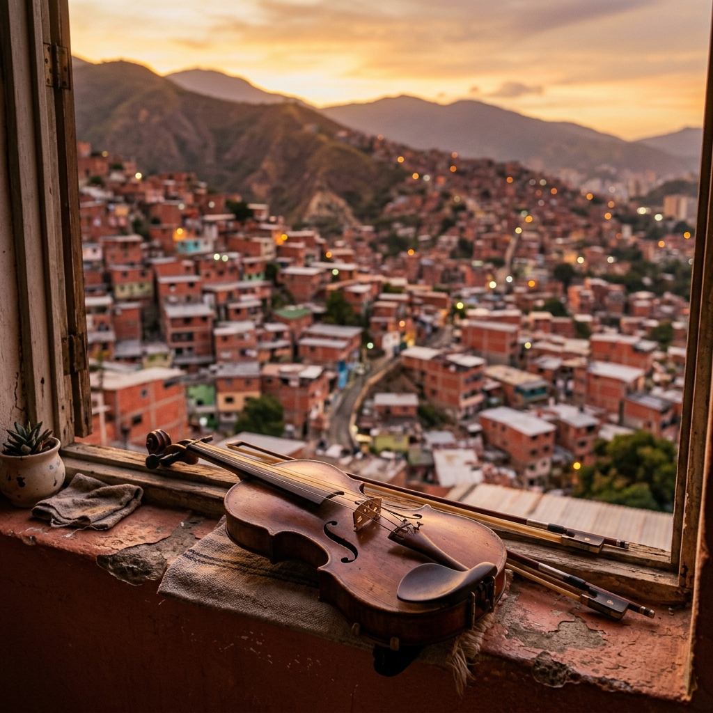 A violin on a windowsill overlooking a hillside in Caracas